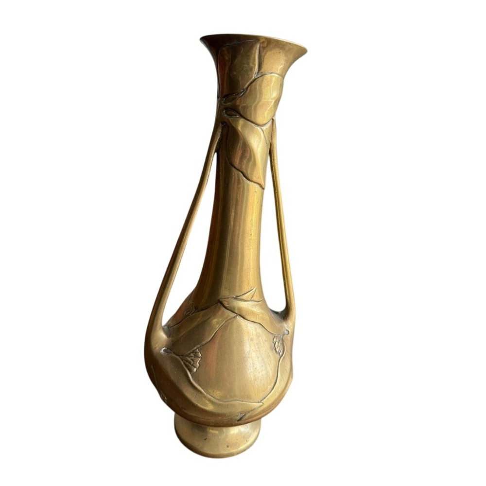 Antique‎ Art Nouveau Brass Vase Two Handled Floral Relief Jugendstil Decor